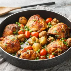 Soczyste udka kurczaka pieczone z ziemniakami, pomidorkami i groszkiem w patelni.